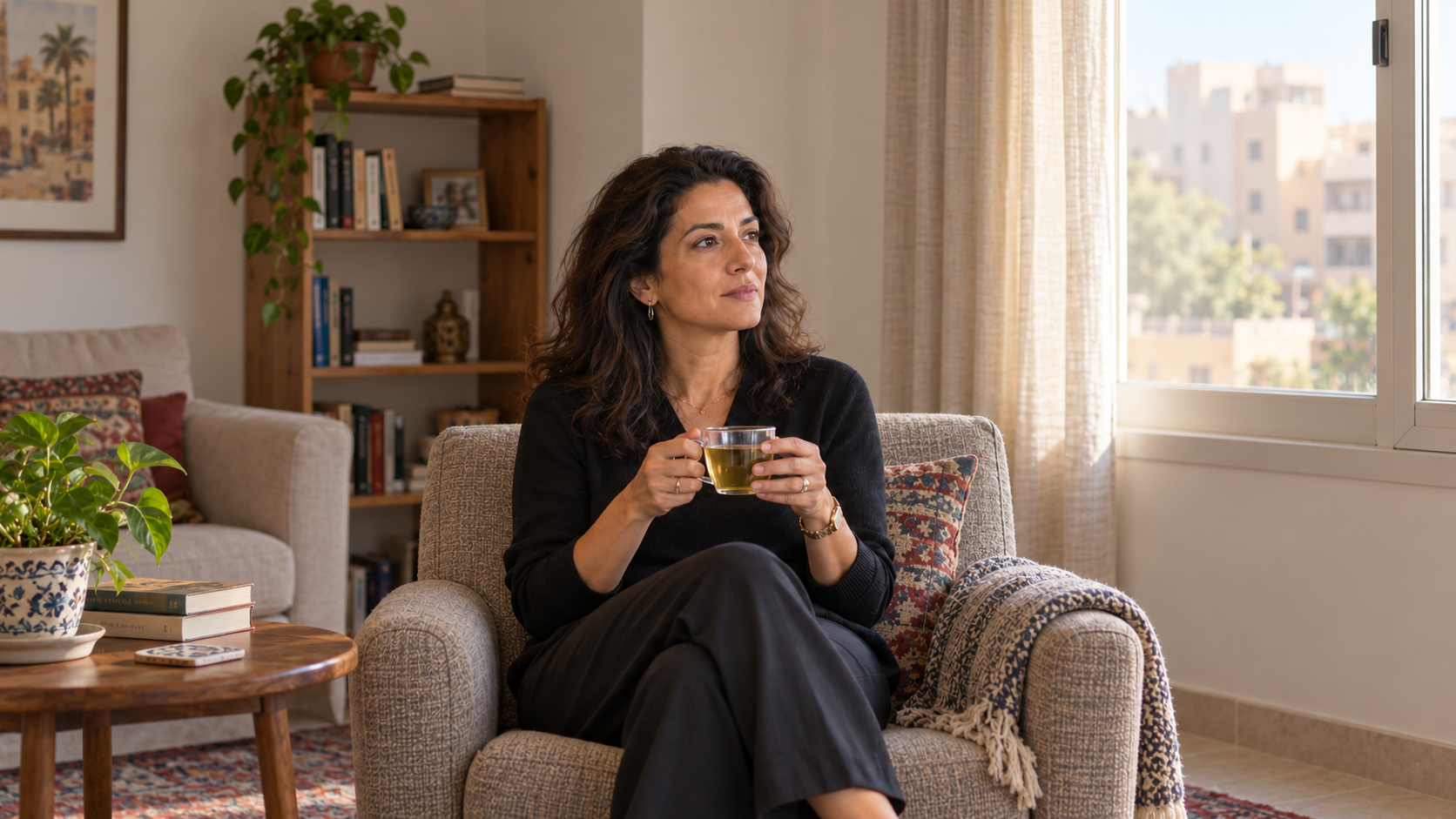 A thoughtful woman holding herbal tea beside a window in a simple, comfortable home.